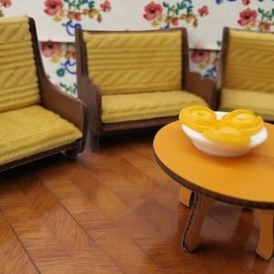 ×3 Miniature Wooden Dollhouse Chairs with Yellow Cushions (Includes Table!)